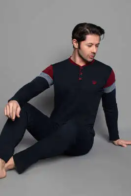 Kol Şeritli Uzun Kol Erkek Pijama Takımı Lacivert Bordo 