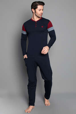 Kol Şeritli Uzun Kol Erkek Pijama Takımı Lacivert Bordo - Kadın Pijama Takımı