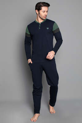 Kol Şeritli Uzun Kol Erkek Pijama Takımı Lacivert