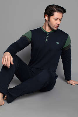 Kol Şeritli Uzun Kol Erkek Pijama Takımı Lacivert - Kadın Pijama Takımı