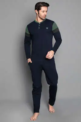 Kol Şeritli Uzun Kol Erkek Pijama Takımı Lacivert 