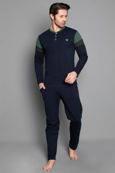 Kol Şeritli Uzun Kol Erkek Pijama Takımı Lacivert - Pijama