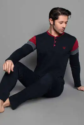 Kol Şeritli Uzun Kol Erkek Pijama Takımı Siyah - Kadın Pijama Takımı