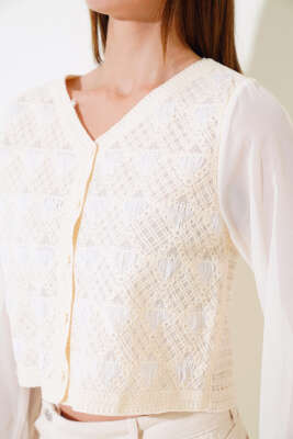 Kol Şifon Detaylı Örme Hırka Ekru - Kadın Giyim Modelleri