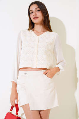 Kol Şifon Detaylı Örme Hırka Ekru - Kadın Giyim Modelleri