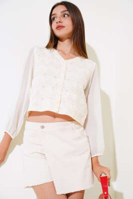 Kol Şifon Detaylı Örme Hırka Ekru - TOP SHOW