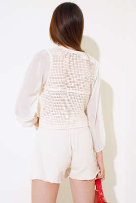 Kol Şifon Detaylı Örme Hırka Ekru - Kadın Giyim Modelleri