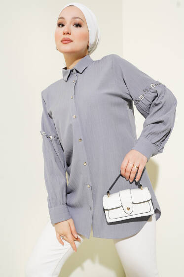 Kol Taşlı Ağaç Kabuğu Gömlek Gri - Gömlek