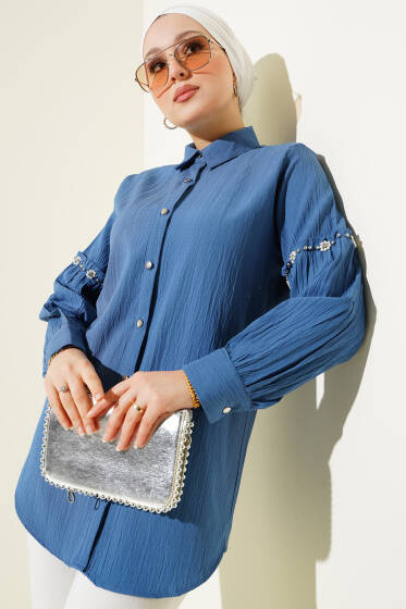 Kol Taşlı Ağaç Kabuğu Gömlek İndigo - Gömlek