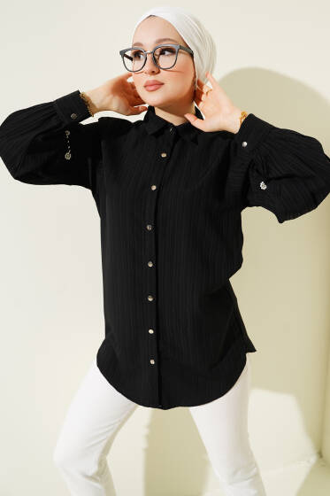 Kol Taşlı Ağaç Kabuğu Gömlek Siyah - Gömlek