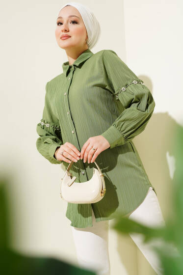 Kol Taşlı Ağaç Kabuğu Gömlek Yeşil - Gömlek