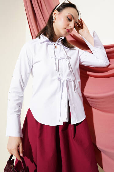 Kol Taşlı Bağcıklı Kısa Gömlek Beyaz - Gömlek