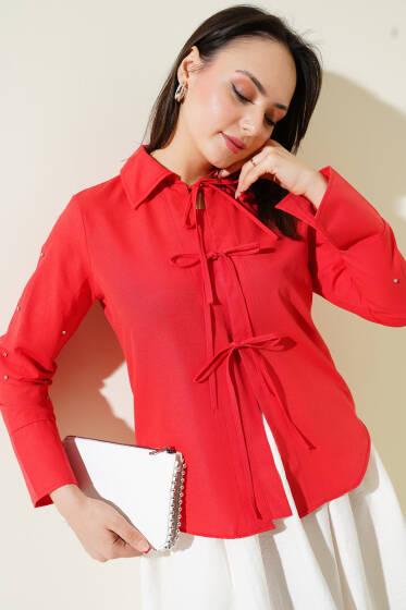 Kol Taşlı Bağcıklı Kısa Gömlek Kırmızı - Gömlek