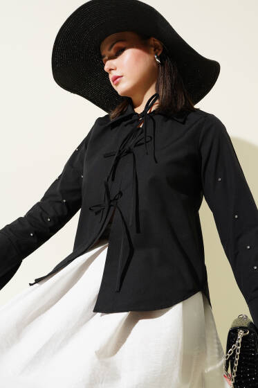 Kol Taşlı Bağcıklı Kısa Gömlek Siyah - Gömlek