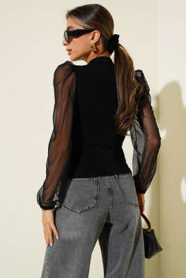 Kol Tül Detaylı Sandy Bluz Siyah - Yılın Fırsatı