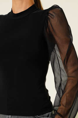 Kol Tül Detaylı Sandy Bluz Siyah - Yılın Fırsatı