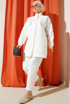 Kol Tüllü Fermuarlı Scuba İkili Takım Ekru