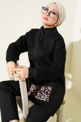 Kol Tüllü Fermuarlı Scuba İkili Takım Siyah - TEGOE