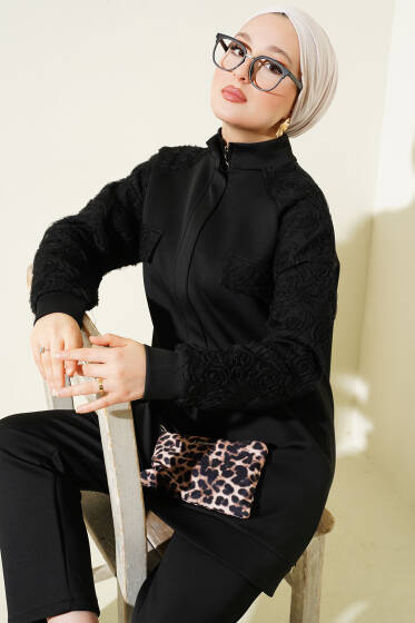 Kol Tüllü Fermuarlı Scuba İkili Takım Siyah - İkili Takım