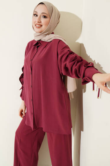 Kol Tünelli Büzgülü İkili Takım Bordo - İkili Takım