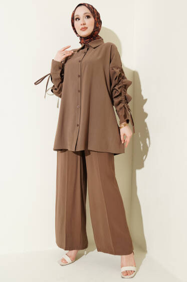 Kol Tünelli Büzgülü İkili Takım Kahve - İkili Takım