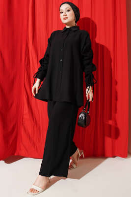 Kol Tünelli Büzgülü İkili Takım Siyah - TABLO FASHİON