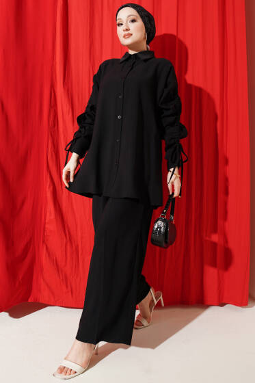 Kol Tünelli Büzgülü İkili Takım Siyah - İkili Takım