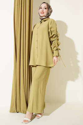 Kol Tünelli Büzgülü İkili Takım Yağ Yeşili - TABLO FASHİON
