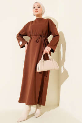 Kol Ucu Armalı İp Bağcıklı Elbise Kahve - VAV TEKSTİL