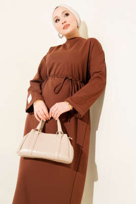 Kol Ucu Armalı İp Bağcıklı Elbise Kahve - Elbise