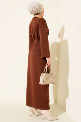 Kol Ucu Armalı İp Bağcıklı Elbise Kahve - Elbise