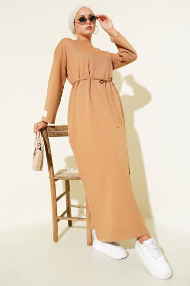 Kol Ucu Armalı İp Bağcıklı Elbise Latte - Elbise