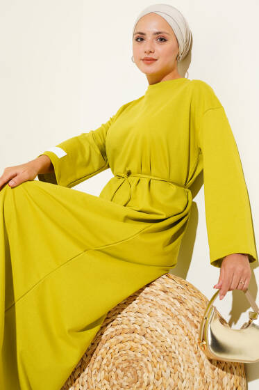 Kol Ucu Armalı İp Bağcıklı Elbise Yağ Yeşili - Elbise