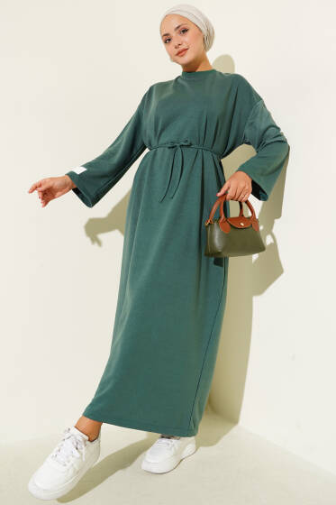 Kol Ucu Armalı İp Bağcıklı Elbise Yeşil - Elbise