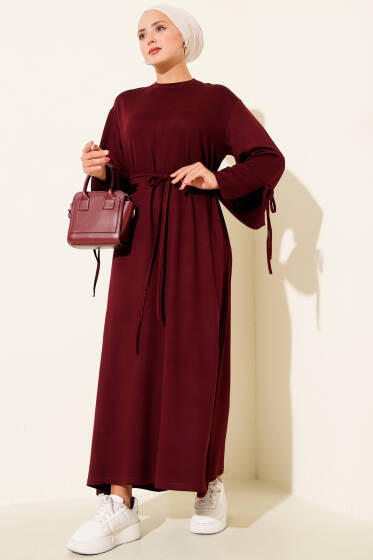 Kol Ucu Bağcık Detaylı Elbise Bordo - Elbise