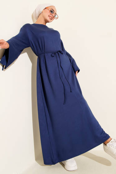 Kol Ucu Bağcık Detaylı Elbise Lacivert - Elbise