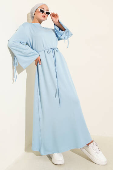 Kol Ucu Bağcık Detaylı Elbise Mavi - Elbise
