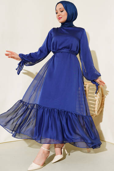 Kol Ucu Bağlamalı Tül Kat Elbise Lacivert - Tesettür Elbise