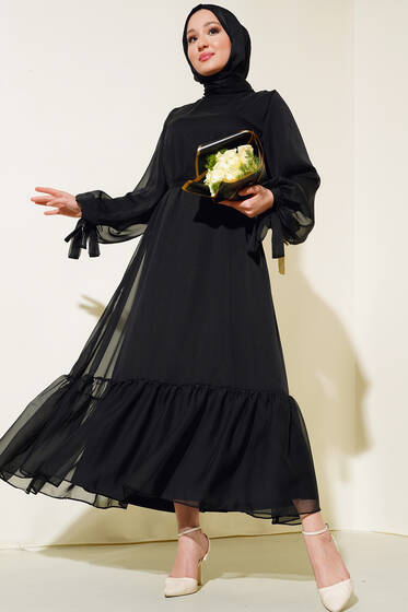Kol Ucu Bağlamalı Tül Kat Elbise Siyah - Tesettür Elbise