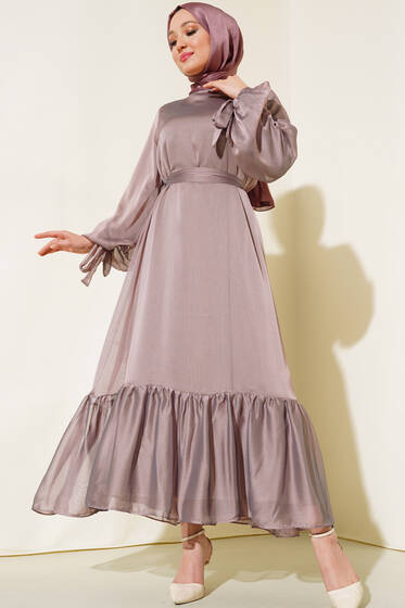 Kol Ucu Bağlamalı Tül Kat Elbise Vizon - Tesettür Elbise
