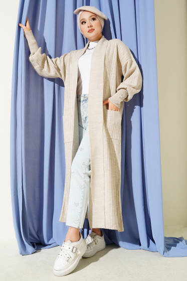 Kol Ucu Düğmeli Şal Yaka Triko Hırka Bej - Hırka