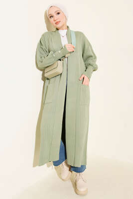 Kol Ucu Düğmeli Şal Yaka Triko Hırka Çağla Yeşili 