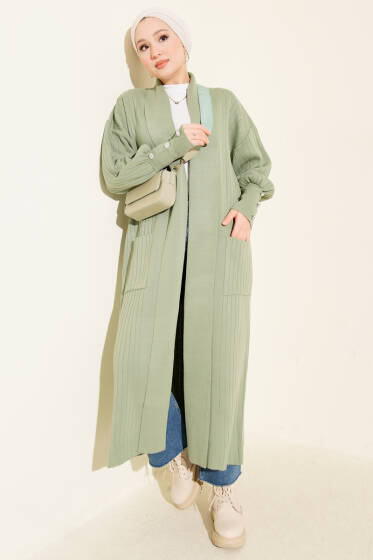 Kol Ucu Düğmeli Şal Yaka Triko Hırka Çağla Yeşili - Hırka