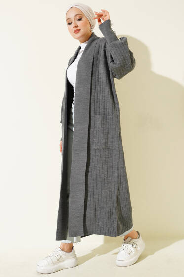 Kol Ucu Düğmeli Şal Yaka Triko Hırka Füme - Hırka