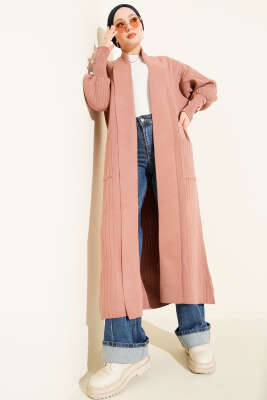 Kol Ucu Düğmeli Şal Yaka Triko Hırka Gül Kurusu - Hırka