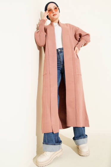 Kol Ucu Düğmeli Şal Yaka Triko Hırka Gül Kurusu - Hırka