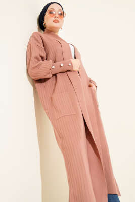 Kol Ucu Düğmeli Şal Yaka Triko Hırka Gül Kurusu - Hırka