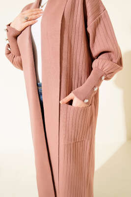 Kol Ucu Düğmeli Şal Yaka Triko Hırka Gül Kurusu - Hırka