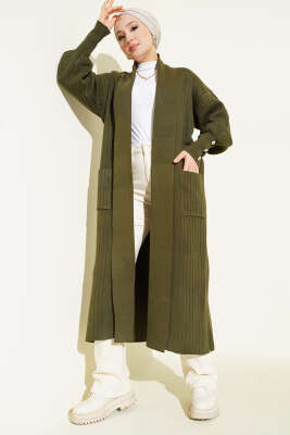 Kol Ucu Düğmeli Şal Yaka Triko Hırka Haki - Hırka