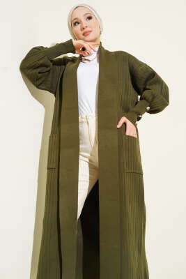 Kol Ucu Düğmeli Şal Yaka Triko Hırka Haki - Hırka